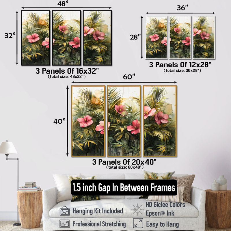Hibiscus tropical dans une symphonie de printemps I - art mural hibiscus - ensemble de 3, H 40 po x l 60 po, Noir