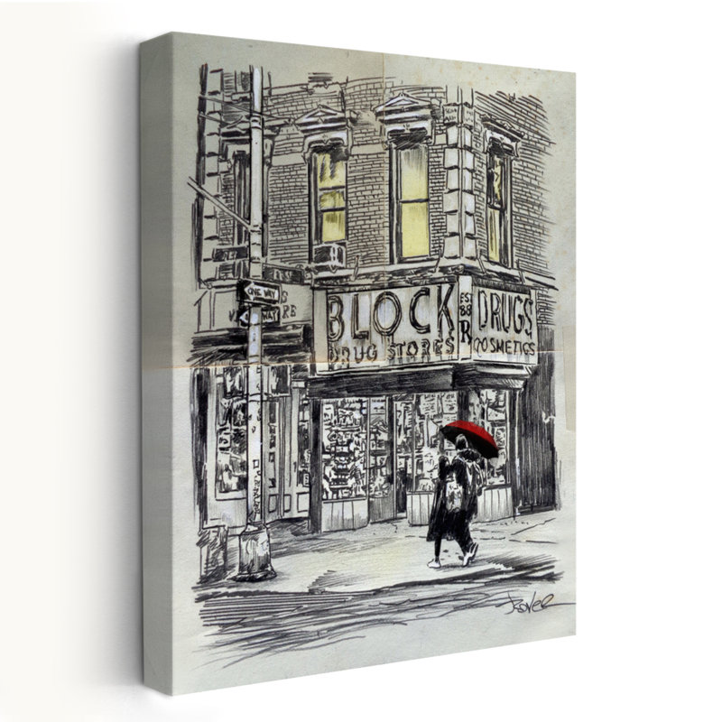 Illustration de paysage urbain rétro d'une pharmacie, H 24 po x l 16 po