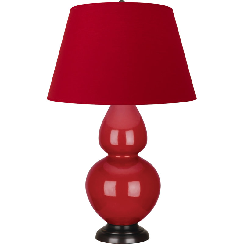 Lampe de table double gourde en céramique, Blanc cassé, Rouge rubis émaillé / bronze, Bronze