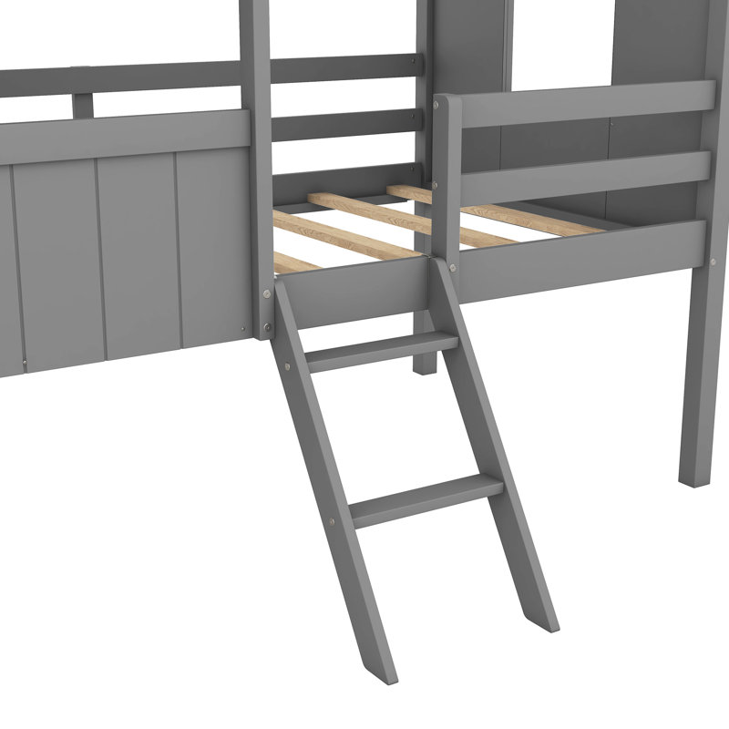 Lit mezzanine simple en bois gris avec fenêtres latérales