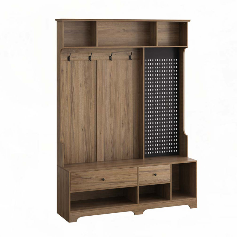 Hallway Hall Tree with Removable Linen Cushioned Entryway Bench, Coat Rack, Storage Shelves, and DIY Pegboard, Brown