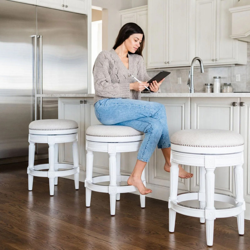 Alabaster White Swivel Backless Bar Stool with Hand-Carved Wood