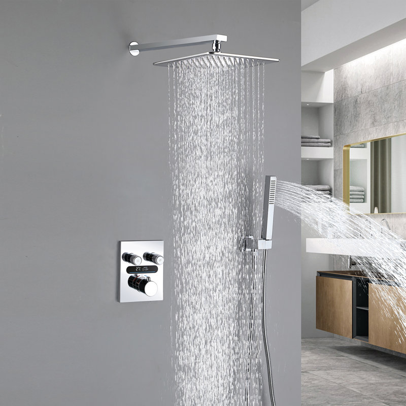 LCD Temperature Display Digital Shower System with 9.8" Rainfall Shower Head and Handheld Spray, Rough-in Valve