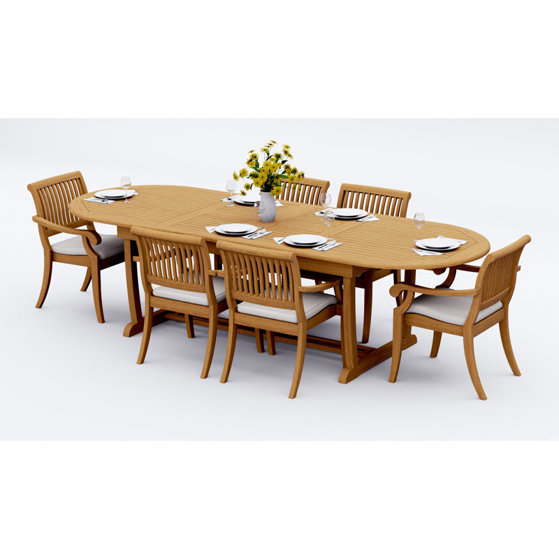 Ensemble de salle à manger 13 pièces en bois de teck de qualité A: 118 po à double rallonge ovale avec table à tréteaux et chaises à accoudoirs empilables # 11AB2712