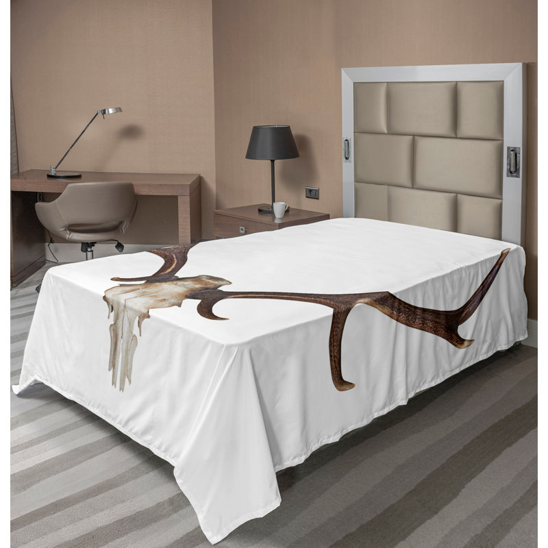 Ambesonne Deer Top Flat Sheet Antlers Skeleton Hunter Brown and Beige, Twin XL