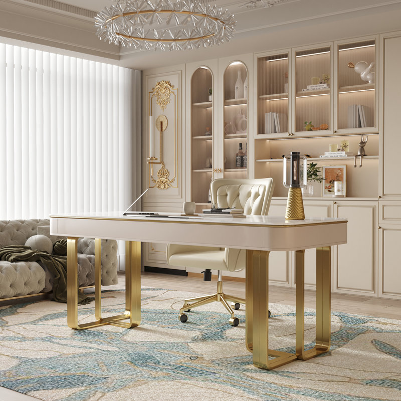 Ressa Luxurious Rectangular Stone Office Computer Writing Desk, 29.5" H x 70.8" W x 27.5"