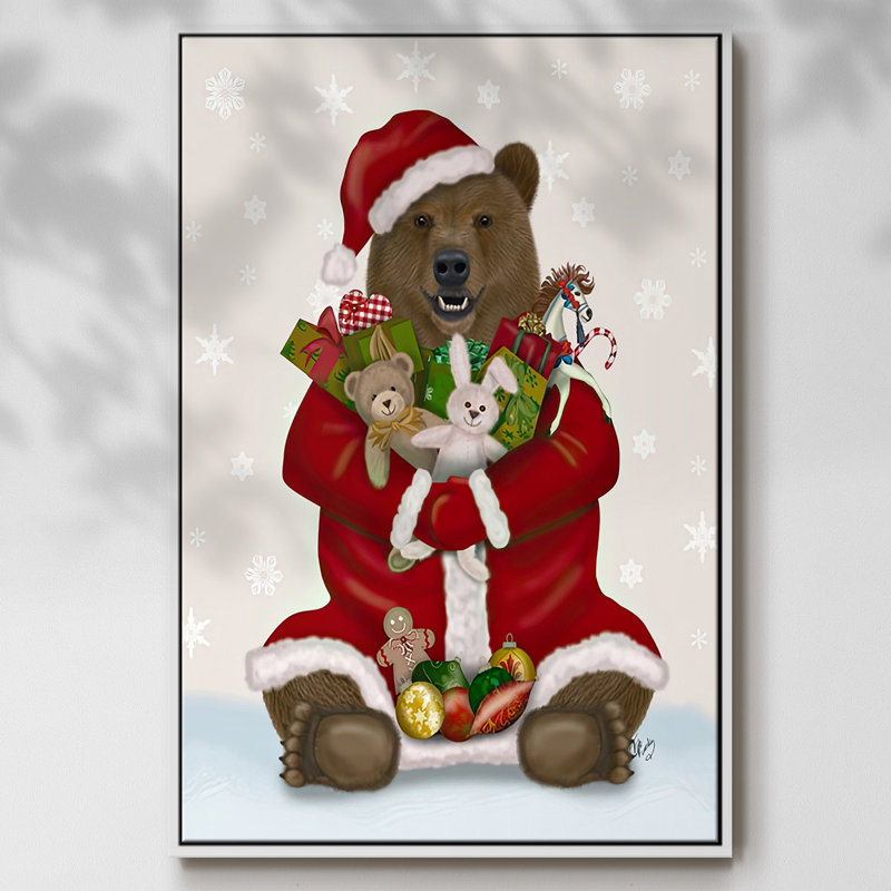 «Christmas Christmas Christmas Bear Hug», reproduction sur toile, H 25 po x l 17 po x P 1,5 po, Cadre blanc