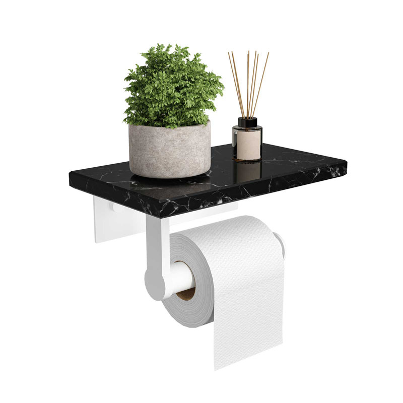 Porte-papier hygiénique avec tablette et porte-papier hygiénique mural pour salle de bain, Blanc mat / marbre noir