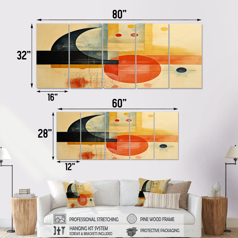 Brettany - Art mural géométrique 5 pièces, H 32 po x l 80 po