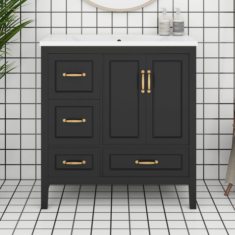36" Bathroom Vanity With Resin Sink, Free Standing Single Basin Vanity With 2 Doors And 4 Soft-Closing Drawers, Black