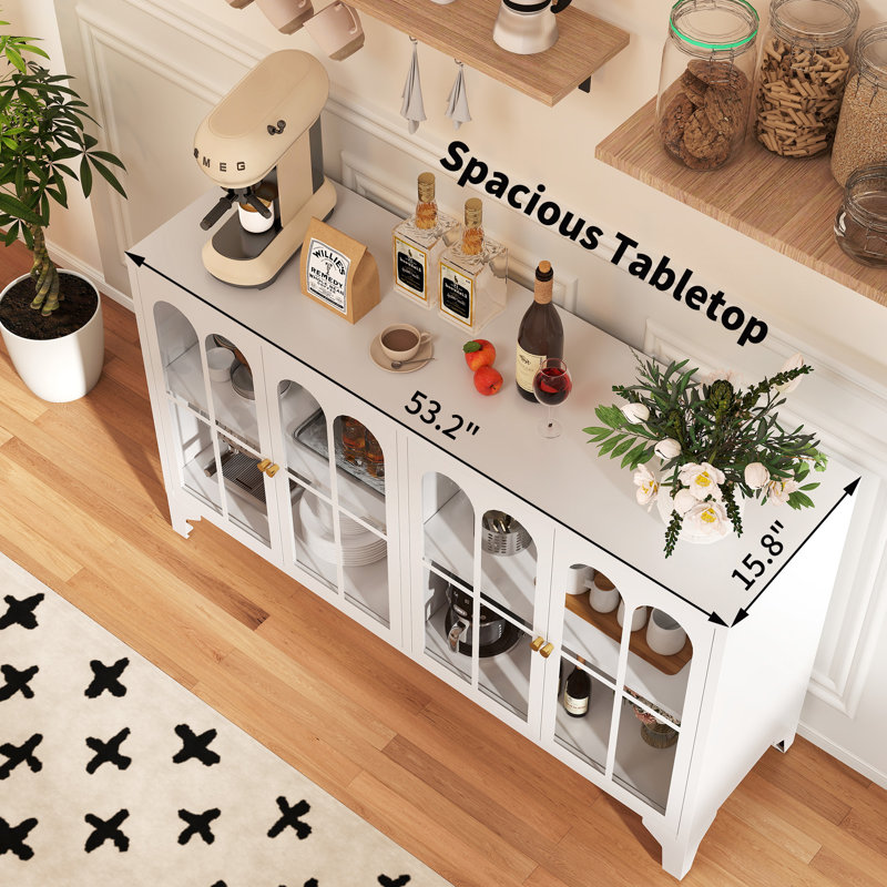 53.2" W Metal Sideboard Buffet Cabinet With Glass Door, Adjustable Shelves, COB LED Light, White