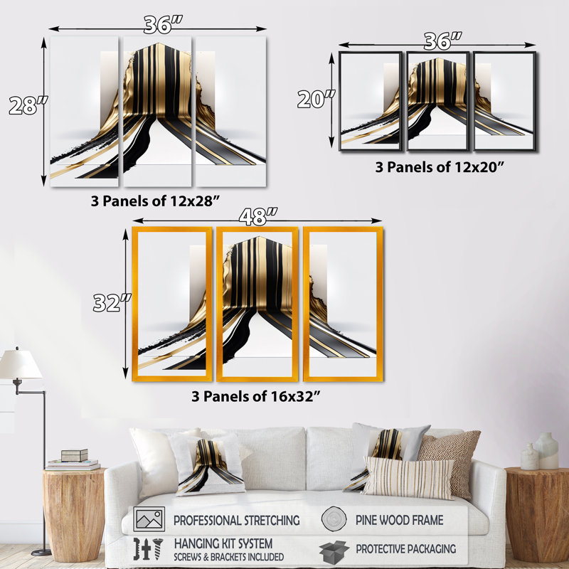 «Black and Gold Cubic Expression V», ensemble d'art mural moderne sur toile, Cadre noir, H 32 po x l 48 po x P 1 po