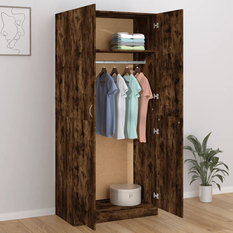 Benefiel 2 Door Manufactured Wood Wardrobe, 180cm H x 80cm W x 52cm D, Smoked Oak