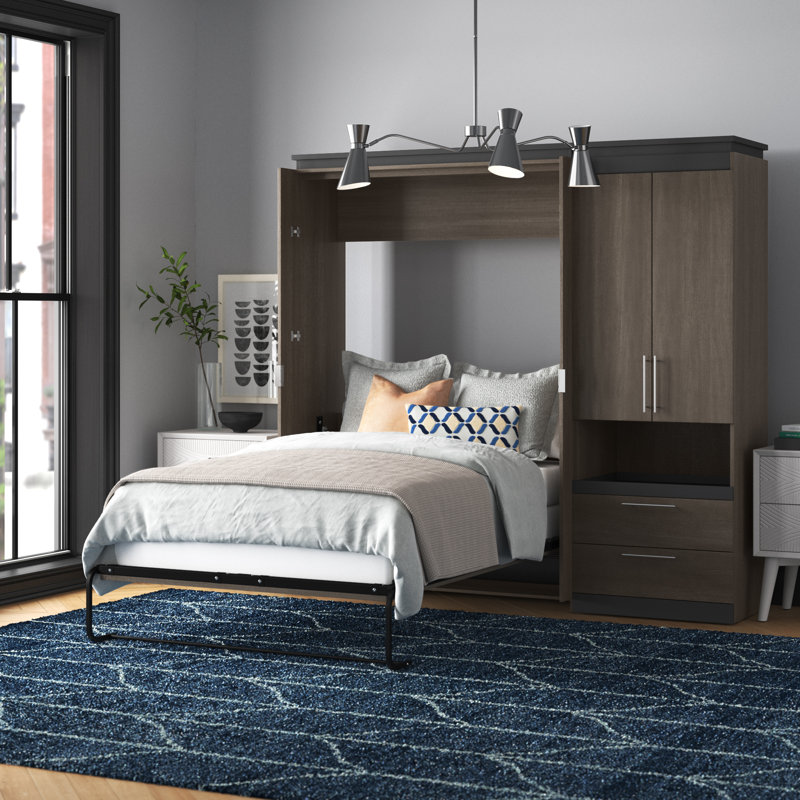 Camalla Murphy Bed and Storage Cabinet with Pull-Out Shelf, Full, Bark Gray