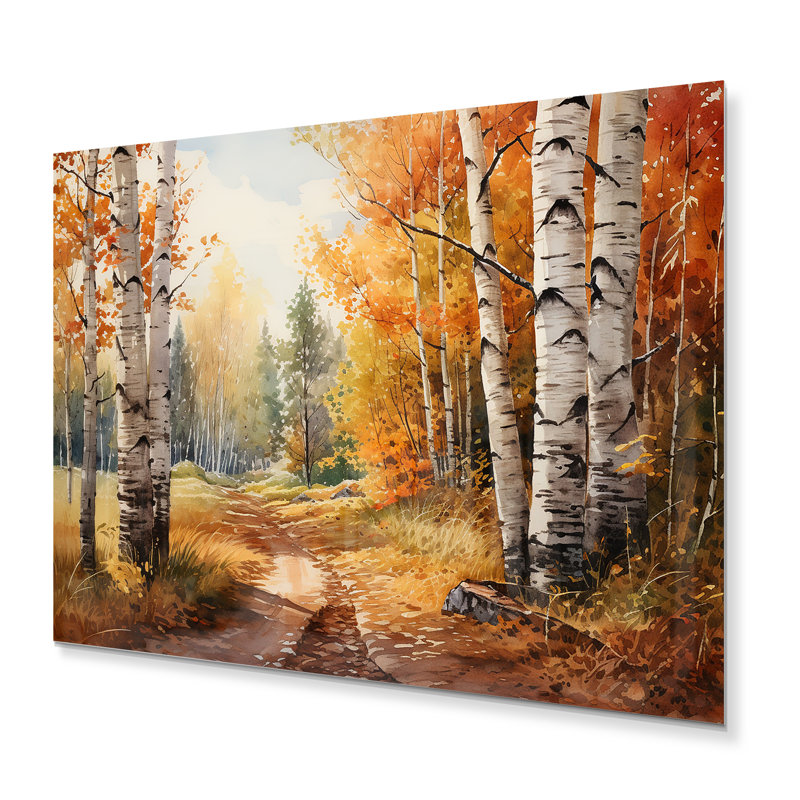 Birch Woods Gilded Pathway III - impression d'art mural en bois de bouleau, H 30 po x l 40 po x P 1 po