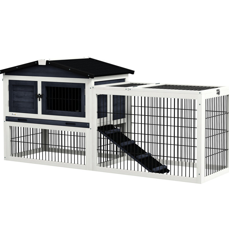 59 po en bois extérieur, 2 niveaux avec toit, plateau amovible et rampe pratique, cage de cage gris foncé, plateau