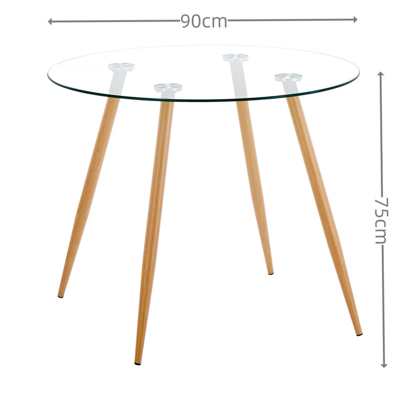 Bivian Round Glass Top Metal Base Dining Table, Beech