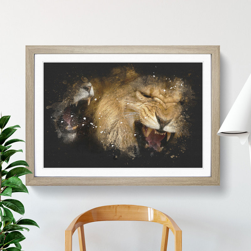 Two Lions - Picture Frame Graphic Art, Oak, 48cm H x 65cm W x 2cm D