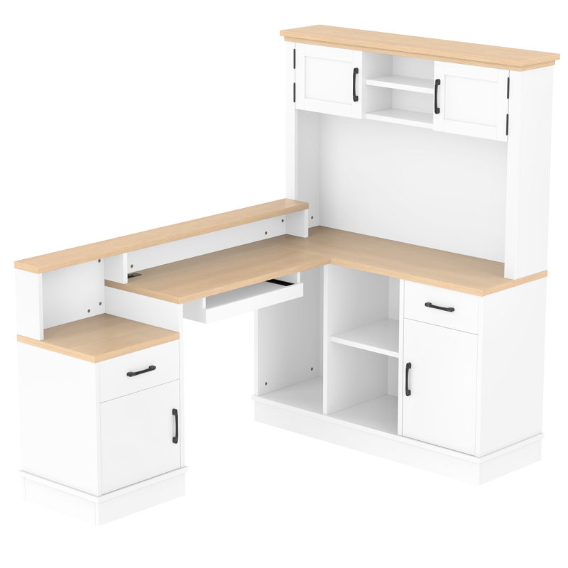 Bureau d'ordinateur en L avec prise de courant, Blanc