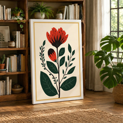 Single Stem in Red Botanical - Wrapped Canvas