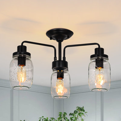 3-Light Farmhouse Glass Mason Jar Flush Mount Ceiling Light