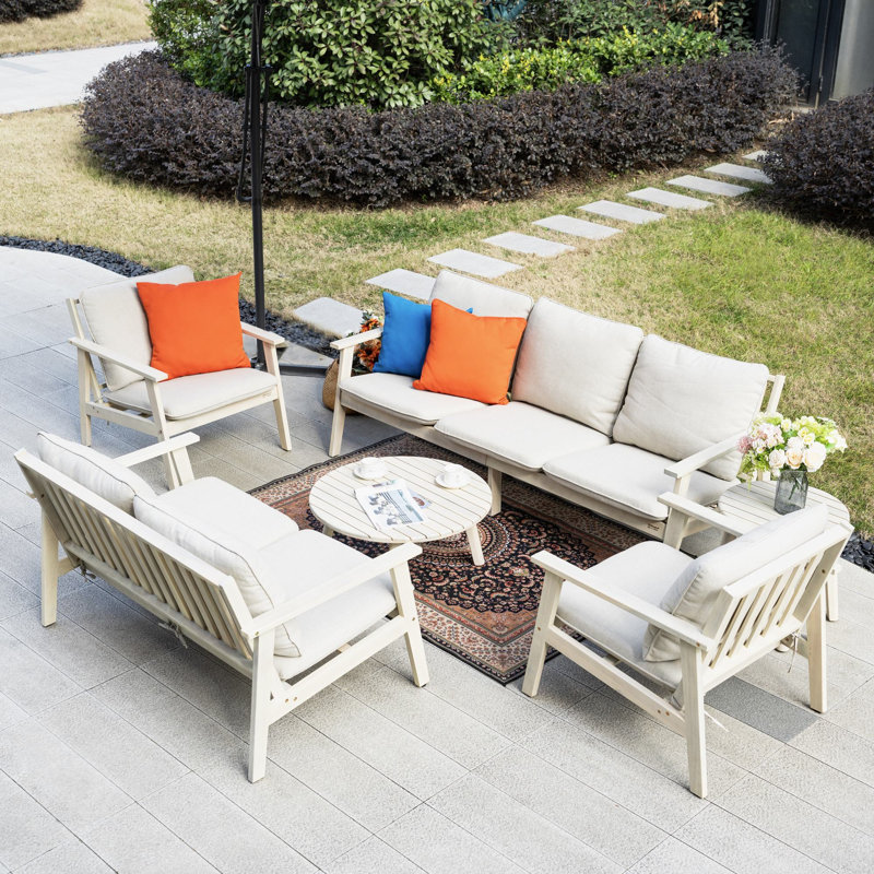 Clemson Acacia Wood 7-Person Outdoor Conversation Set With Cushions, 6 Pcs: 2 Tables, 2 Sofas, 2 Chairs