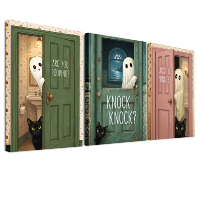 Ensemble de 3 toiles murales « Fantômes et chats noirs qui jettent un coup d'œil » pour l'Halloween