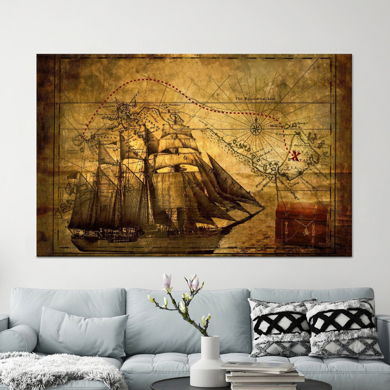 Toile de carte de trésor de bateau pirate: œuvre d'art imprimée, design élégant, H: 11,9 po x l: 15,8 po