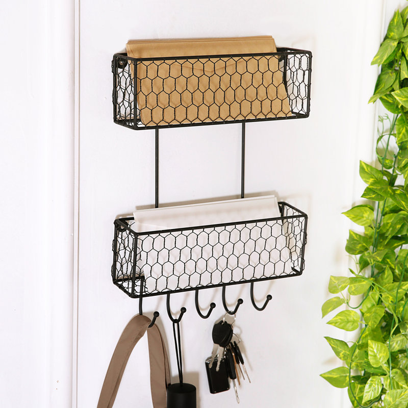 Wall 2 Tier Mail Organiser With Key Hooks and Wall Basket