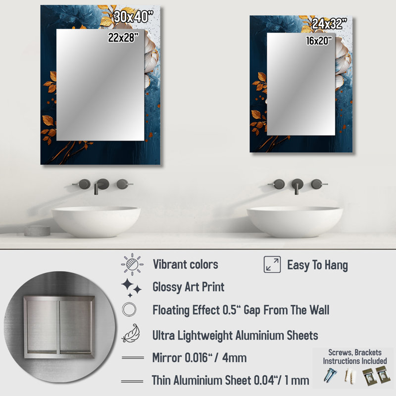 Peony Blooming In Gold And Teal - Peony Unique Wall Mirror Decor, Modern Large Mirror, Printed Metal Art, 32" x 24"