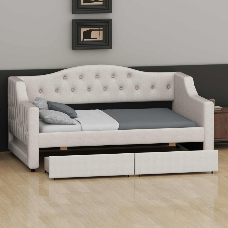 Lit de jour rembourré peu encombrant conçu avec des tiroirs sous le lit et une élégante ceinture à DEL, Beige