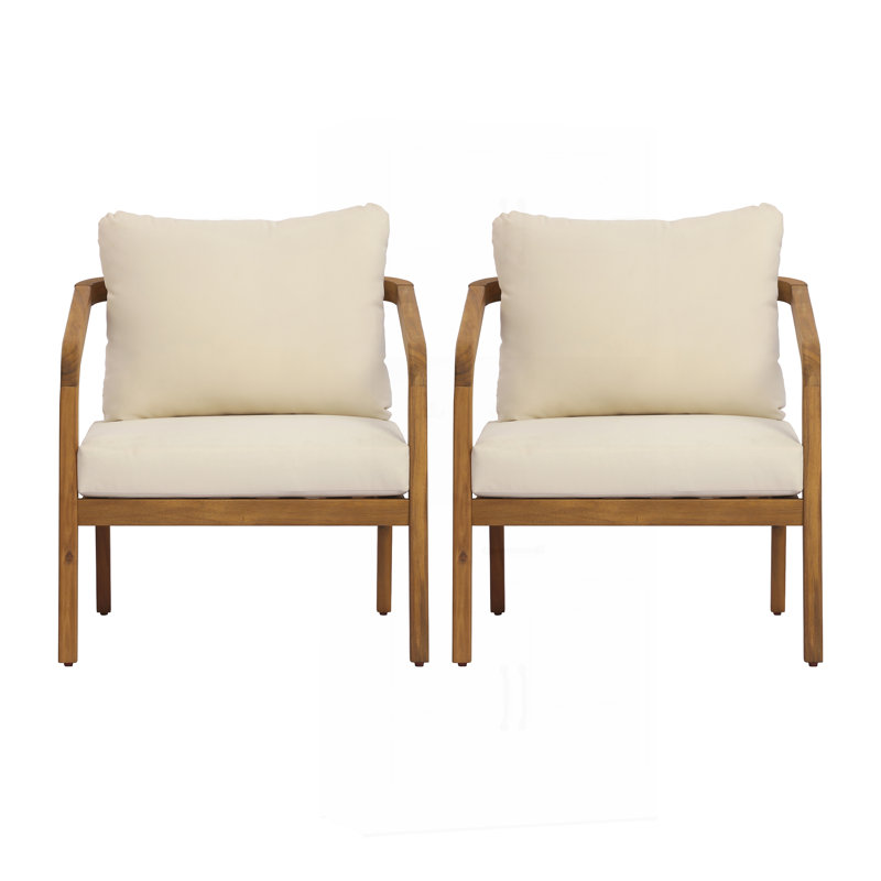 Fauteuil club d'extérieur en bois d'acacia avec dossier et coussins en osier PE (ensemble de 2) - Fauteuil d'appoint moderne pour balcon, bord de piscine et véranda