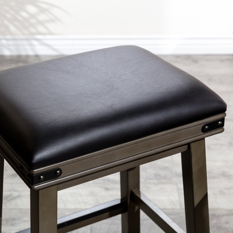 Tabouret de comptoir 24 po, finition blanc antique, siège en cuir noir, Siège blanc antique / structure noire