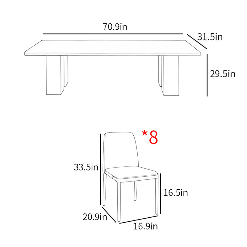 Ensemble de table de salle à manger moderne et minimaliste noir, H 29,5 po x L 70,9 po x l 31,5 po