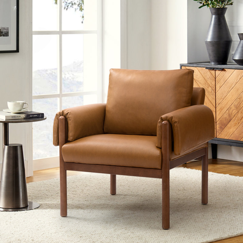 Fauteuil Anneluisé avec pieds en bois massif, Similicuir chameau