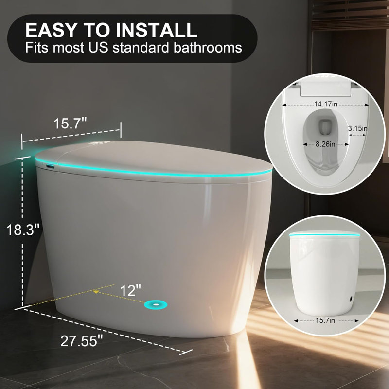 Smart Bidet Toilet  With Auto Open/Close Lid, Foam Shield, Auto Flush, Heated Seat, Warm Wash/Dryer, Remote Control, Foot Sensor, LED Display, Night Light For Bathroom Comfort