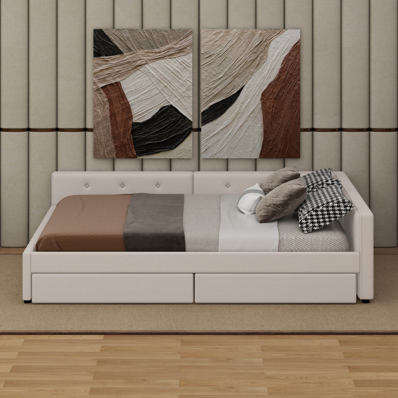 Upholstered Platform Bed With USB And 2 Drawers, Queen