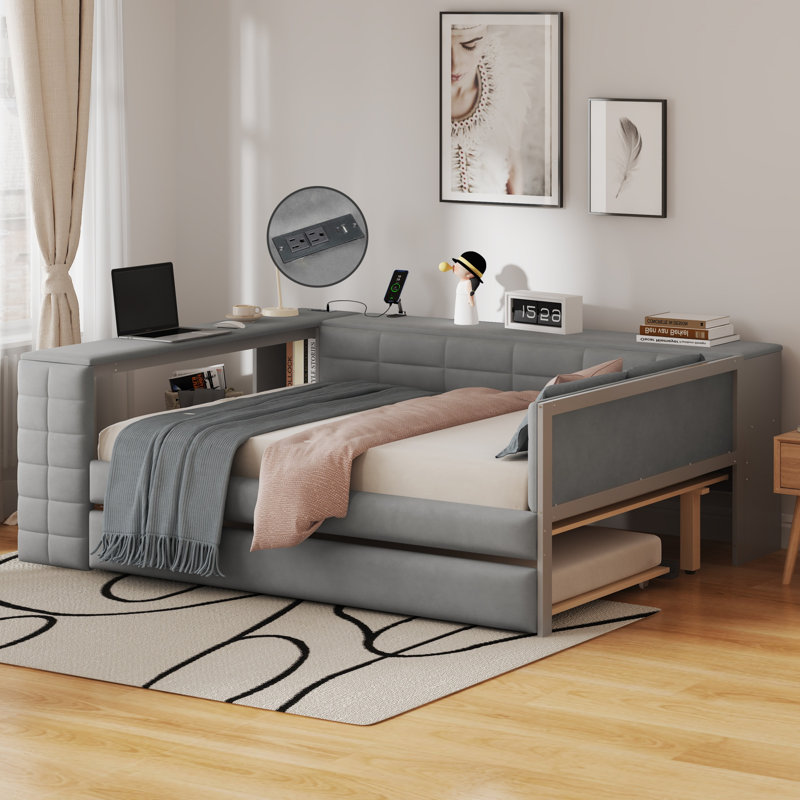 Full Size Upholstered Platform Bed with Storage Shelves, Desk & Charging Station, Twin Trundle, Gray, Gray