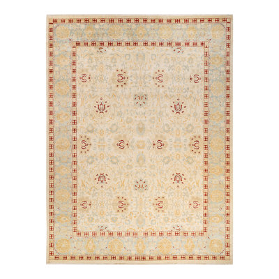 Tapis ivoire noué à la main de conception unique 9 pi 1 po x 12 pi 5 po Rochely