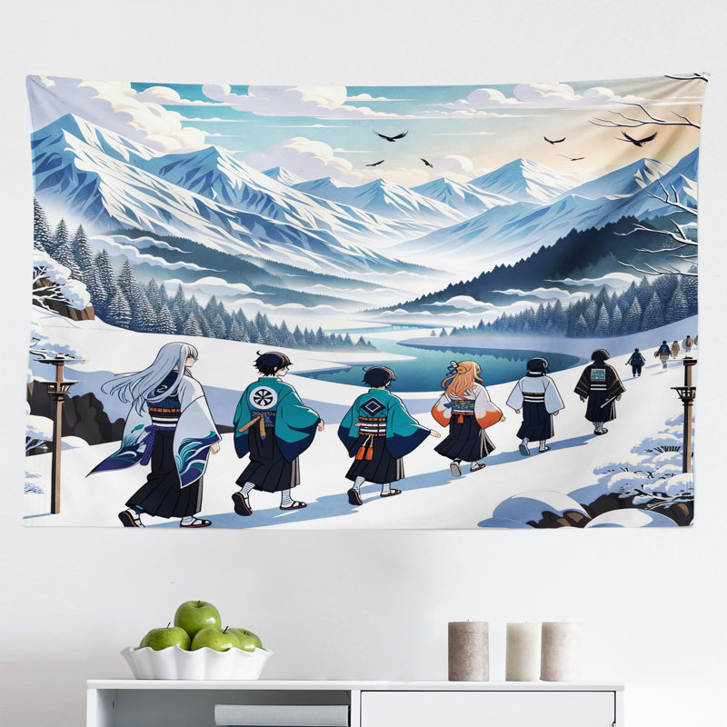 Millwood Pines Anime Wall Hanging Tapestry Walking on a Snowy Path Scene Blue Teal White, H 30 po x l 45 po