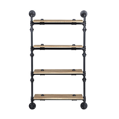 Étagère murale à 4 tablettes, structure en métal à niveaux avec style de conduite d'eau, finition chêne et noir sablé, placage, largeur de tablette de l 23 po, distance de 12 po, capacité de 10 lb dans le cadre, conception de style, dimensions de l 9 po, espacement