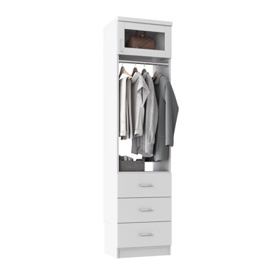 Tranquil White 19.5" Floor-Mounted Closet Section with Glass Doors, 1 Clothing Rod, 1 Shelf & 3 Slab Drawers