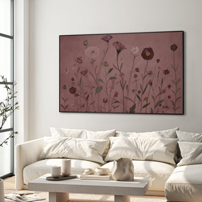 Extra Large Wall Art Fabric Print - Mauve Floral Field Romantic Vintage-Inspired Botanical Artwork Decor for Living Room or Bedroom - "Frame Assembly Required (Unfinished Frame)"