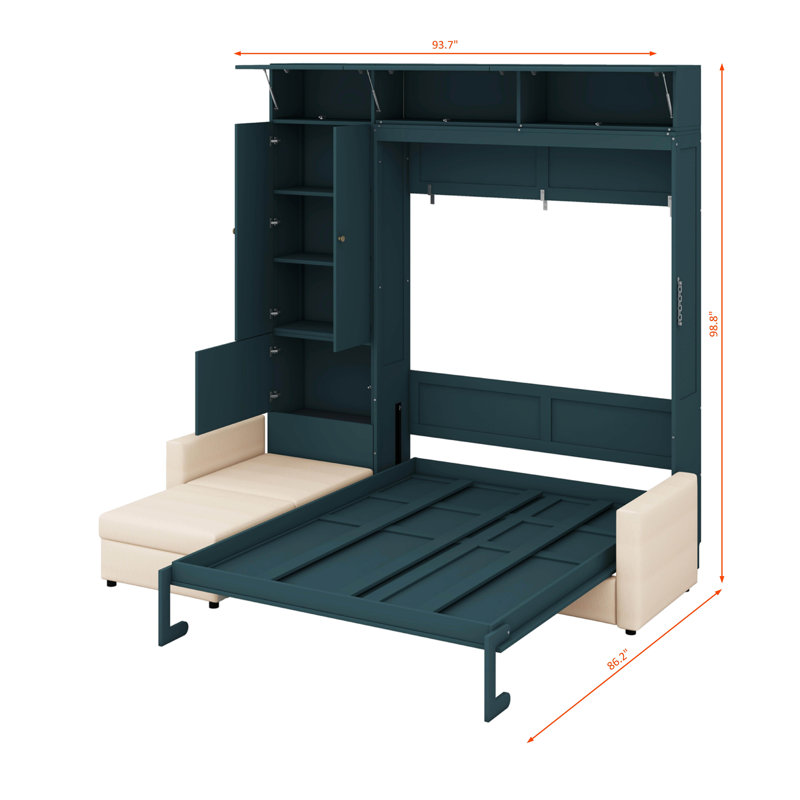 Grand lit escamotable avec canapé et tablettes, Vert / Beige