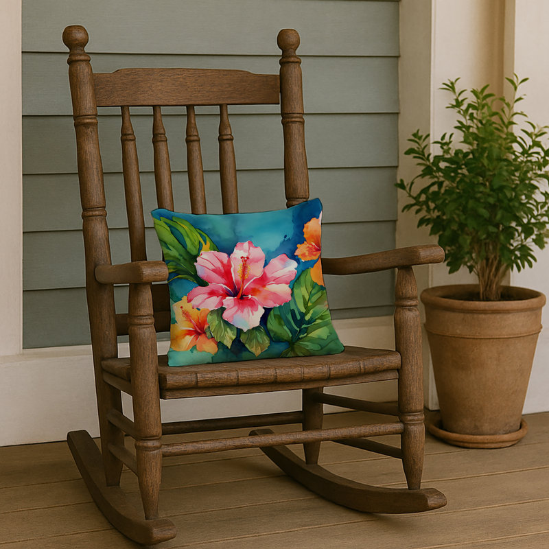 Coussin Hawaii, Hibiscus à l'aquarelle, Carré 14 po