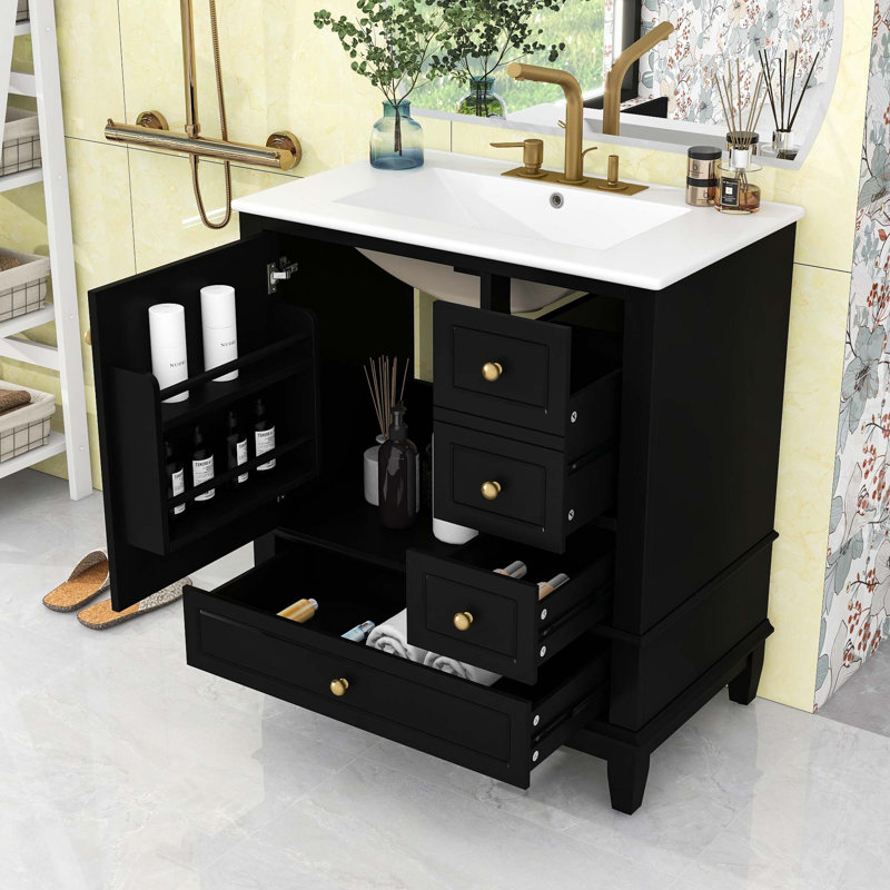 Meuble-lavabo avec lavabo, tablette et trois tiroirs, Noir