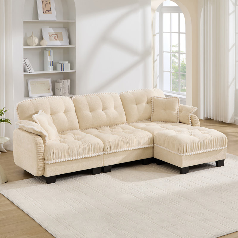 Canapé 3 places en chenille capitonnée avec coussin lombaire et repose-pieds, Beige