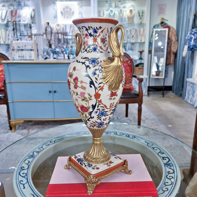 Blossom Scroll Porcelain Swan Handle Vase with Bronze Ormolu