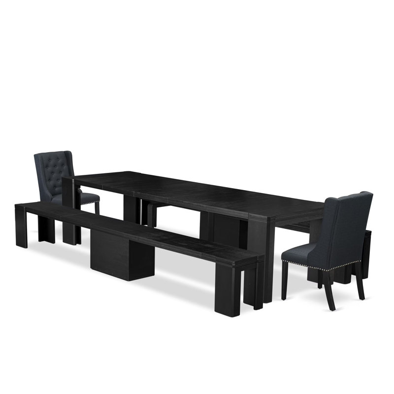 Ensemble de table de salle à manger 5 pièces Modern, Fil noir brossé, 5 pièces: 2 chaises, 2 bancs, table, Noir