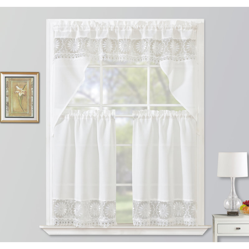Parkerson Embroidered Macrame Kitchen Curtain Tier & Swag Set, Brown